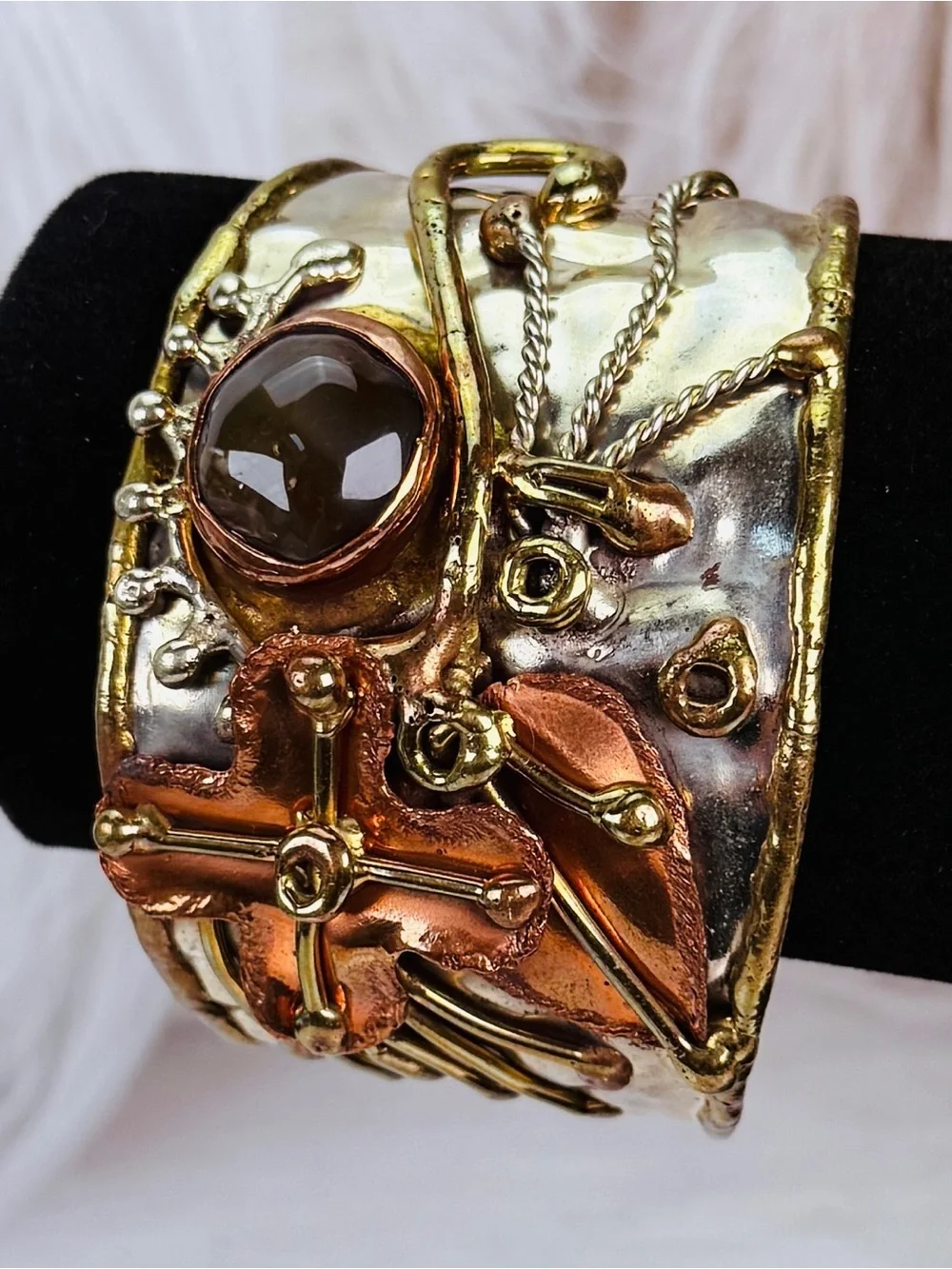 Artisan Mixed Metal Cuff Bracelet Copper Brass Gemstone Statement Wide